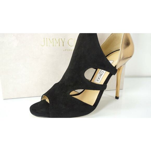Jimmy Choo Tarine Black Suede Gold Leather Open Toe Cut Out Sandals SZ 38.5 $895 - Picture 6 of 10